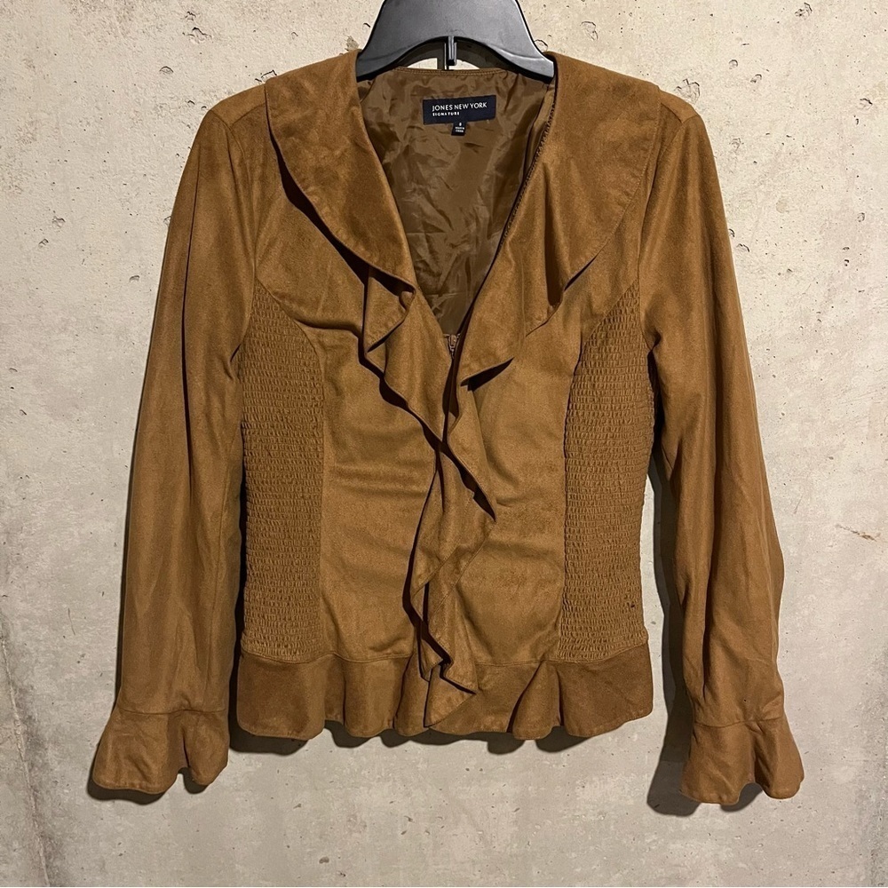 Jones New York Signature Womens Size 8 Faux Suede Zip Up Jacket Brown Ruffle - Picture 8 of 11